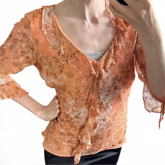 Y2K i e Orange Floral Silk Tunic Fairy Feminine Chiffon Ruffle Top Medium - Picture 2 of 13